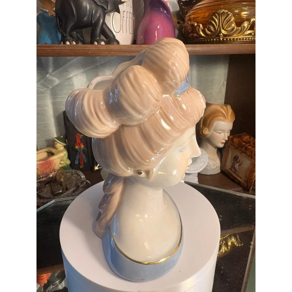 Vintage Ceramic Lady Head Vase Blue Tiara Gold Trim Peach Hair Porcelain Bust
